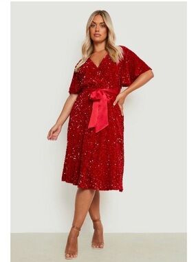 Boohoo Red Sequin Velvet Tie-Waist Skater Dress